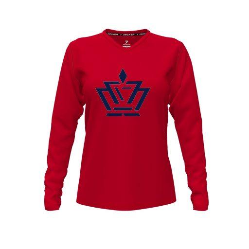[CUS-DFW-TEES-CMF-VNK-LSL-RED-FYXS-LOGO2] Comfort T-Shirt (Female Youth XS, Red, V Neck, Logo 2, Long Sleeve)